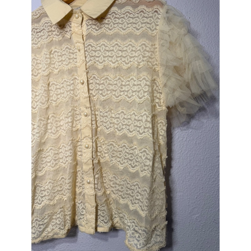 Grace & Emma Lace Top Women Medium Cream Yellow Tulle Ruffle Sleeve Coquette - Picture 3 of 8
